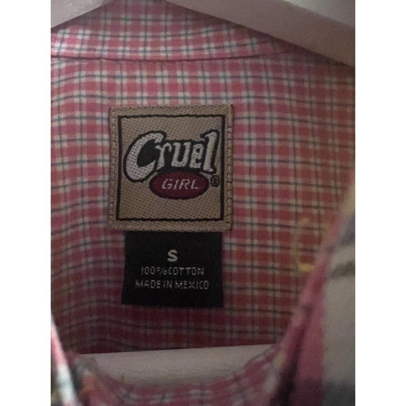 Cruel Girl Long Sleeve‎ Button Front Yellow Pink Plaid Shirt Blouse Size S - Picture 3 of 6